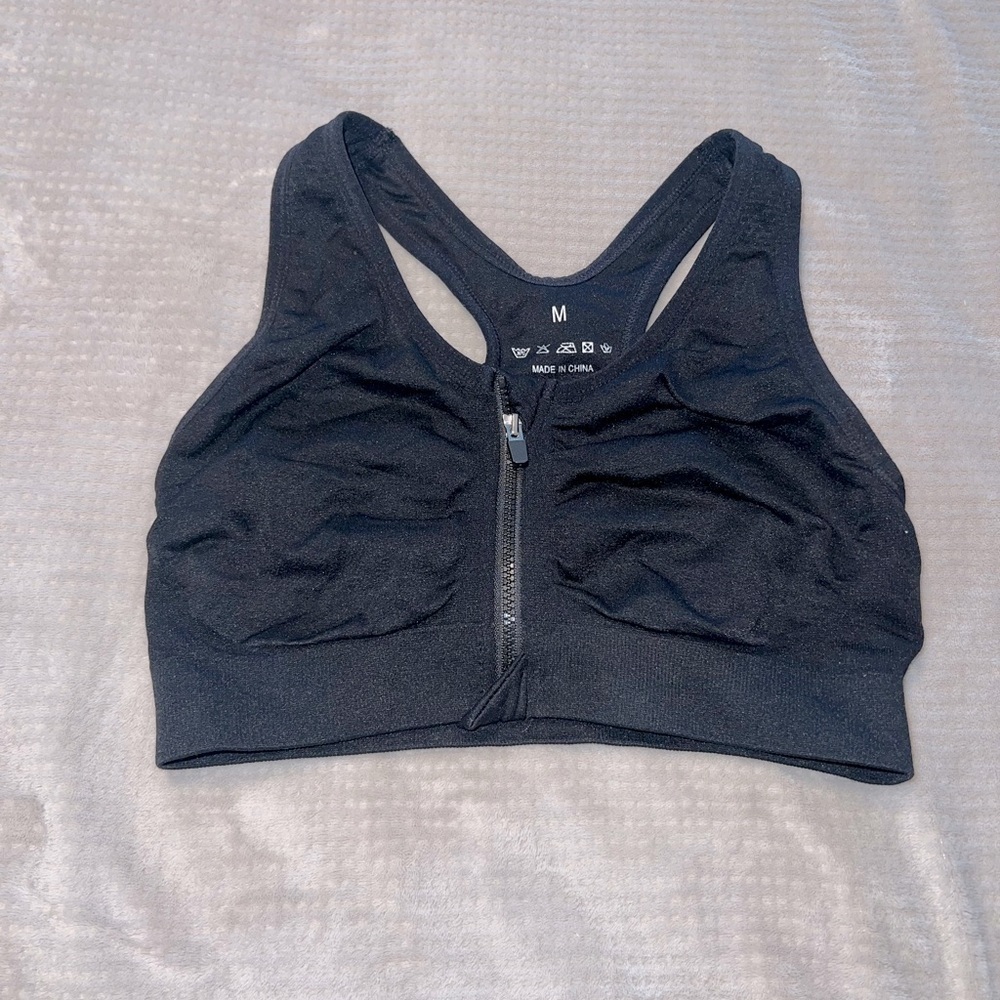 Women’s Black Zip Front Sports Bra Size M – Racerback, Medium Support